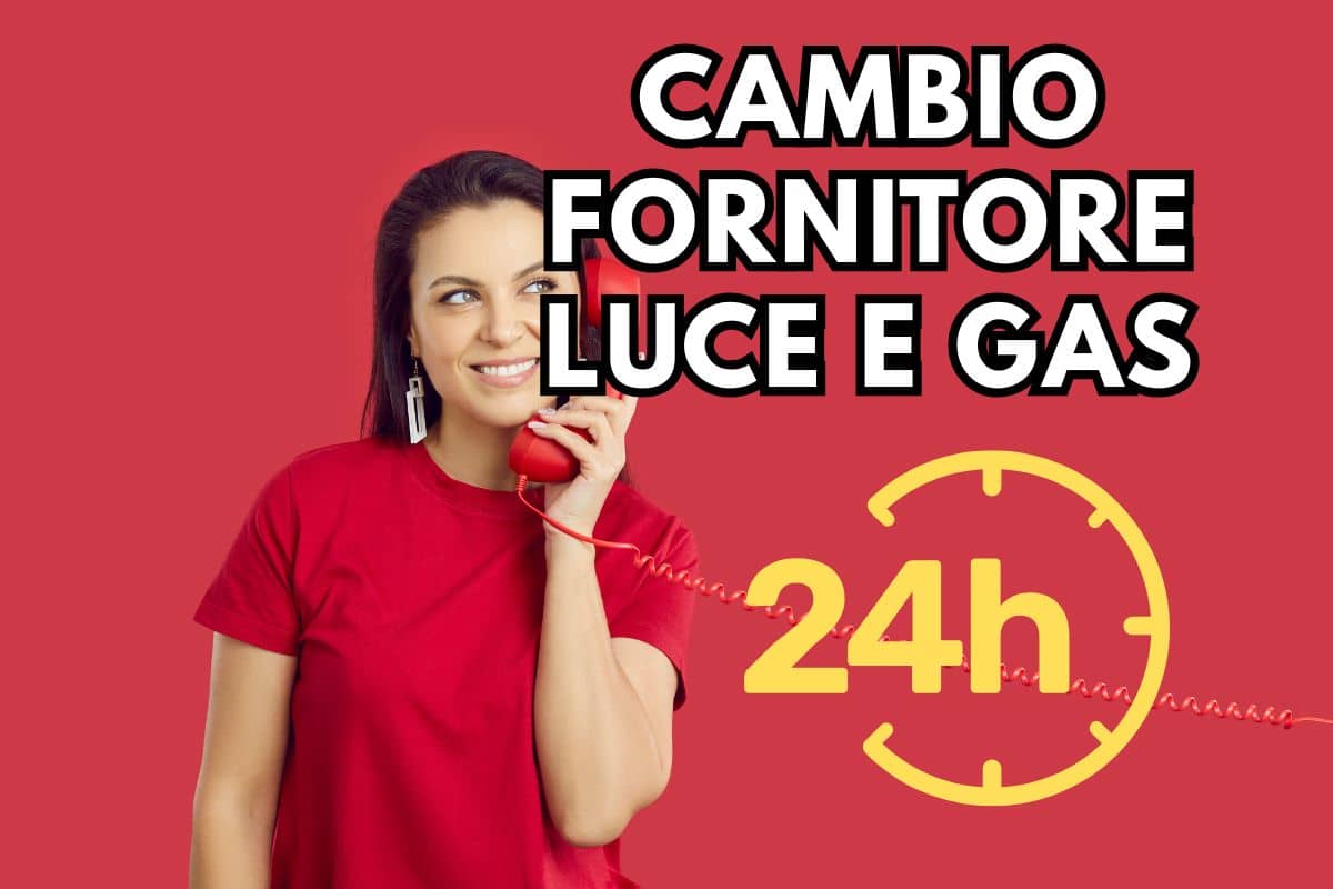 donna al telefono fisso con orologio che segna 24 ore, e scritta "cambio fornitore luce e gas"
