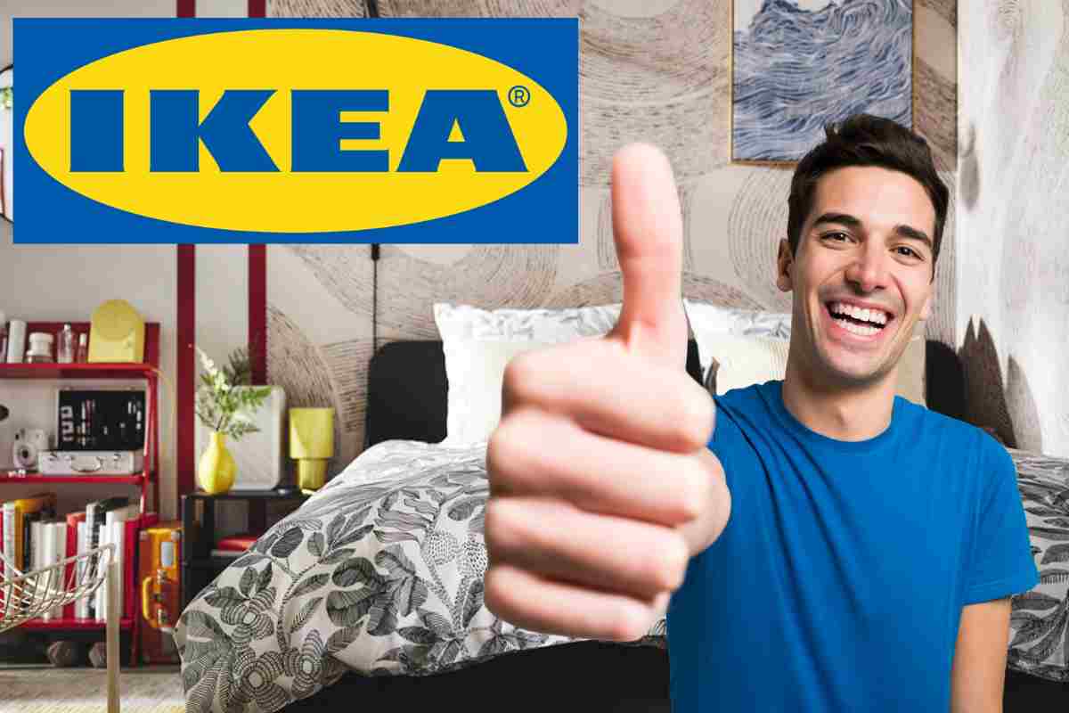 Una camera da letto, il logo ikea e una persona che fa il pollice in su