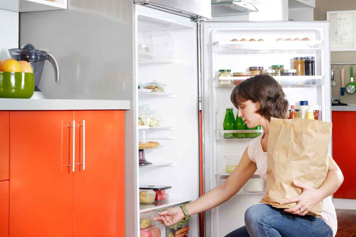 Donna che conserva il cibo all'interno di un frigorifero 