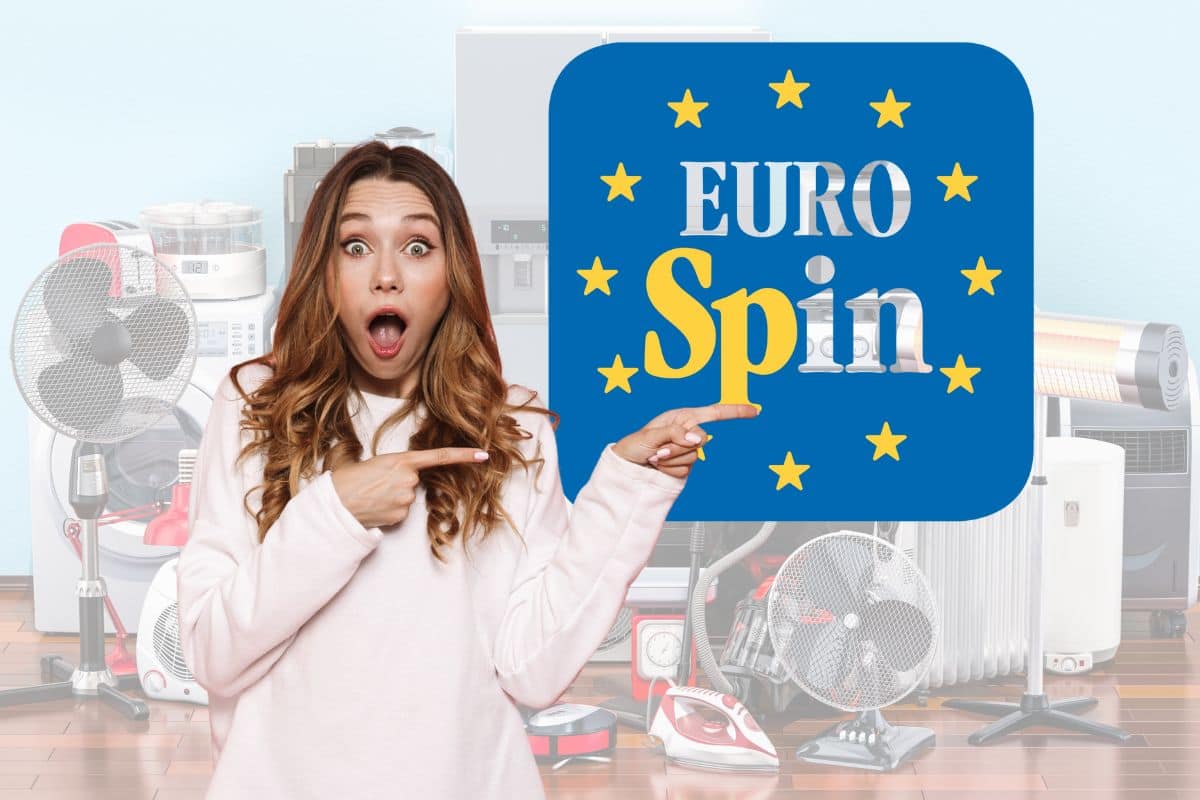sfondo di elettrodomestici, con donna stupita che indica logo Eurospin
