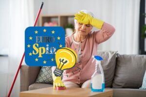 donna anziana stanca di pulire, logo eurospin con lampadina idea