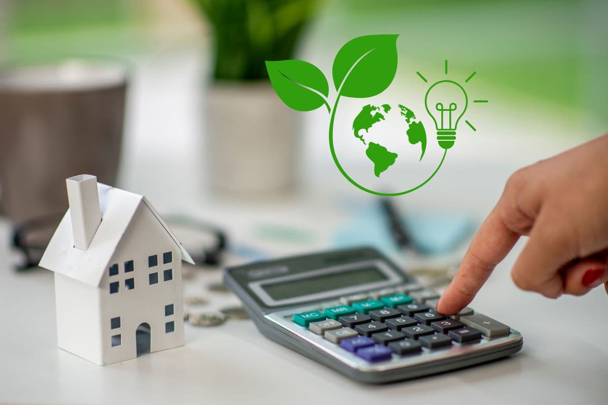 su una scrivania calcolatrice, modellino casa e logo green