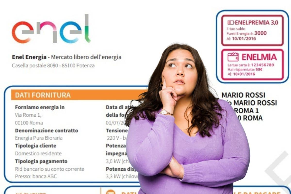 bolletta enel screen sito enel, e donna pensierosa