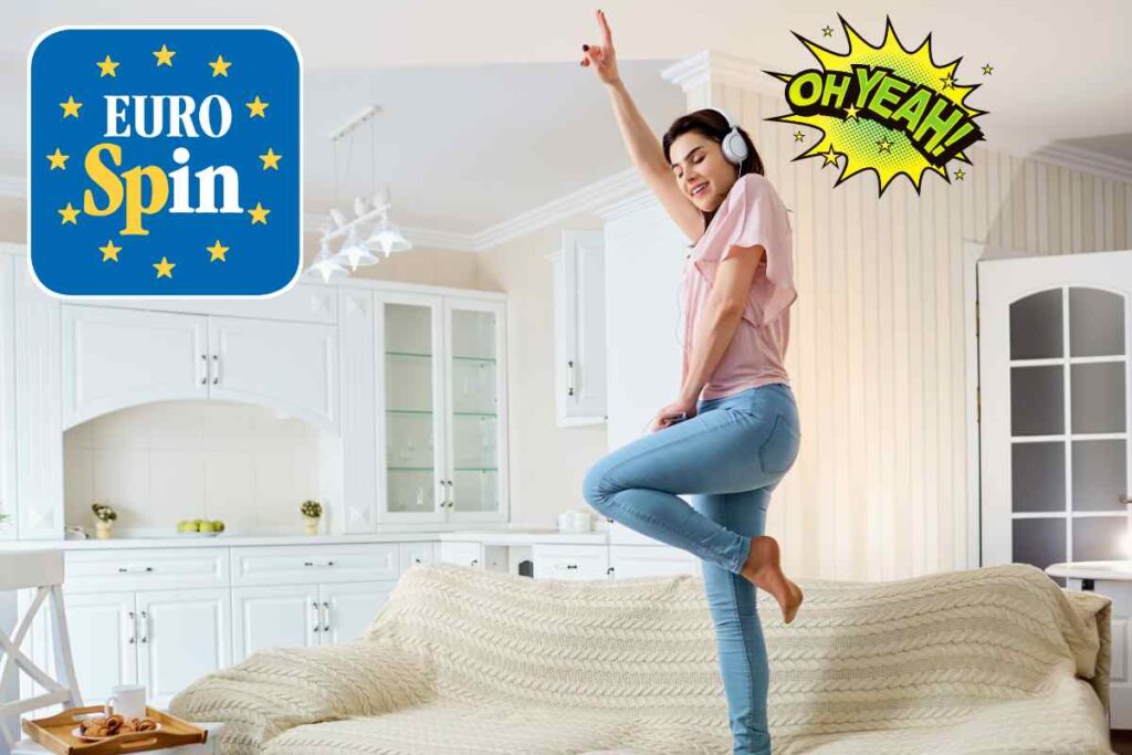 donna balla sul divano logo eurospin grafica oh yeah